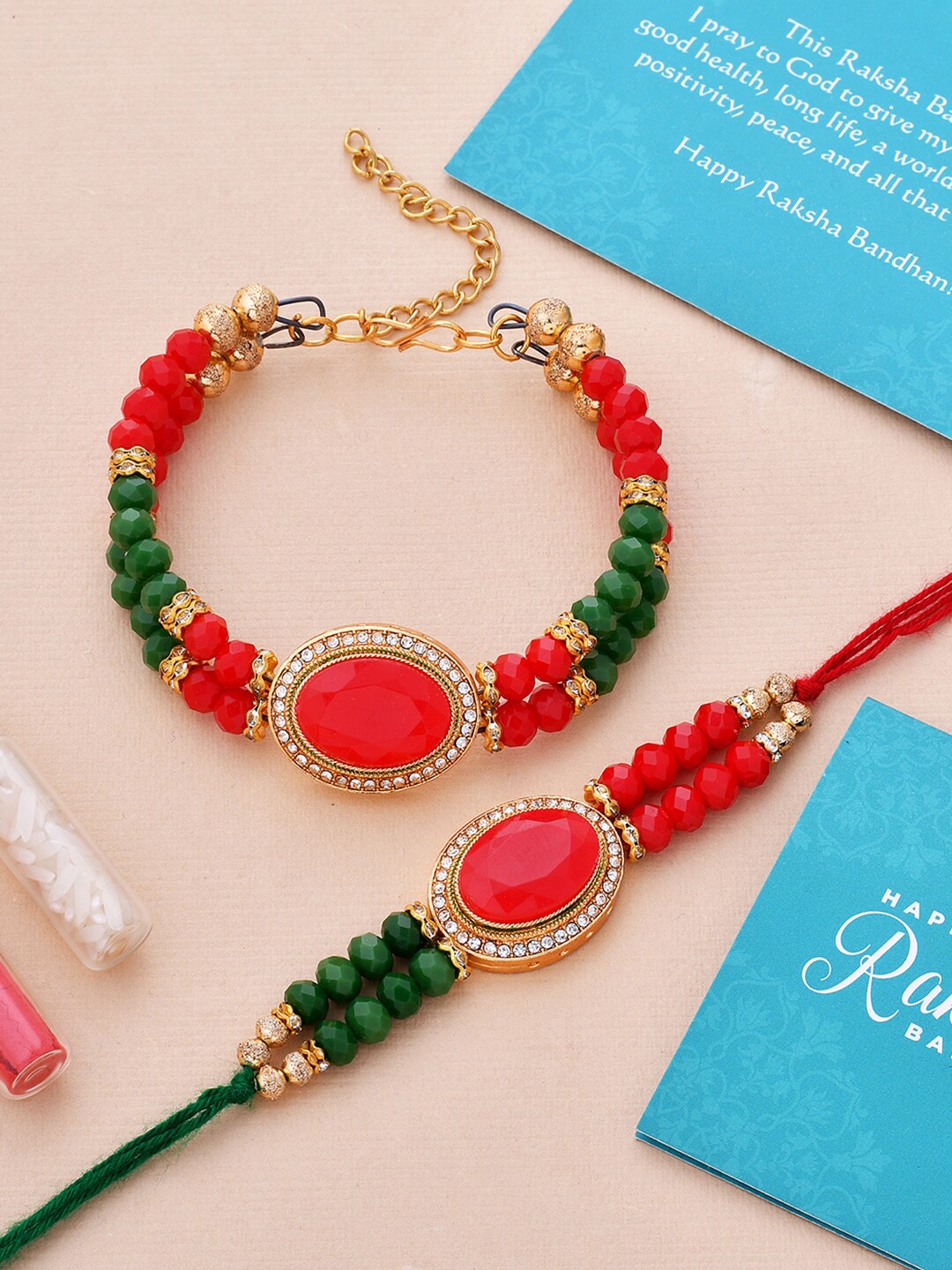 

Voylla Set of 2 Colorful Beaded Embedded Rakhi and Lumba, Red