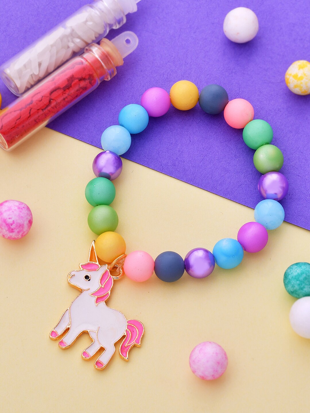 

Voylla Kids Pink Unicorn Kids Convertible Rakhi with Colorful Beads, Multi