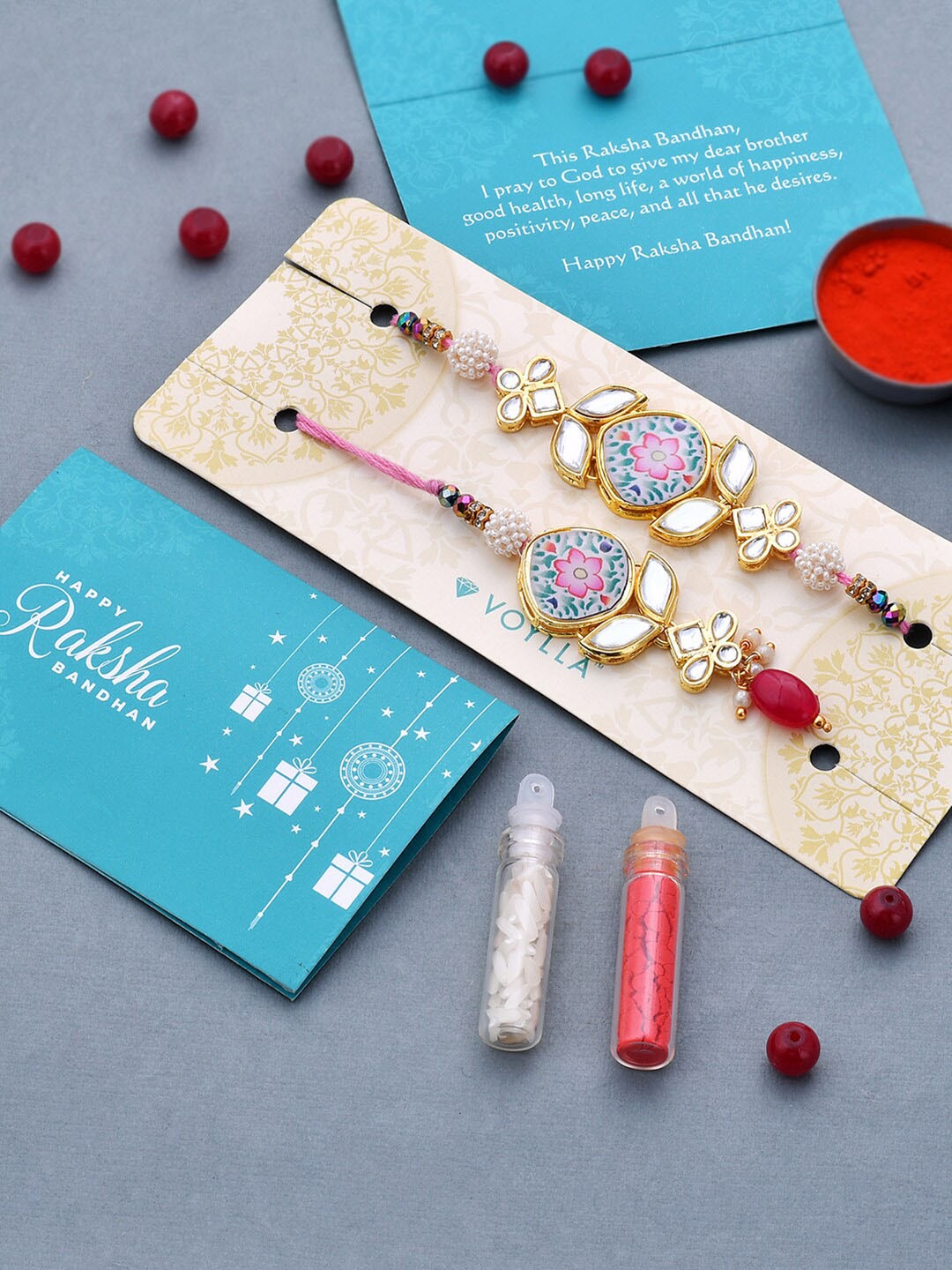 

Voylla Set of 2 Multicoloured Kundan Studded Floral Enamel Work Rakhi, Multi