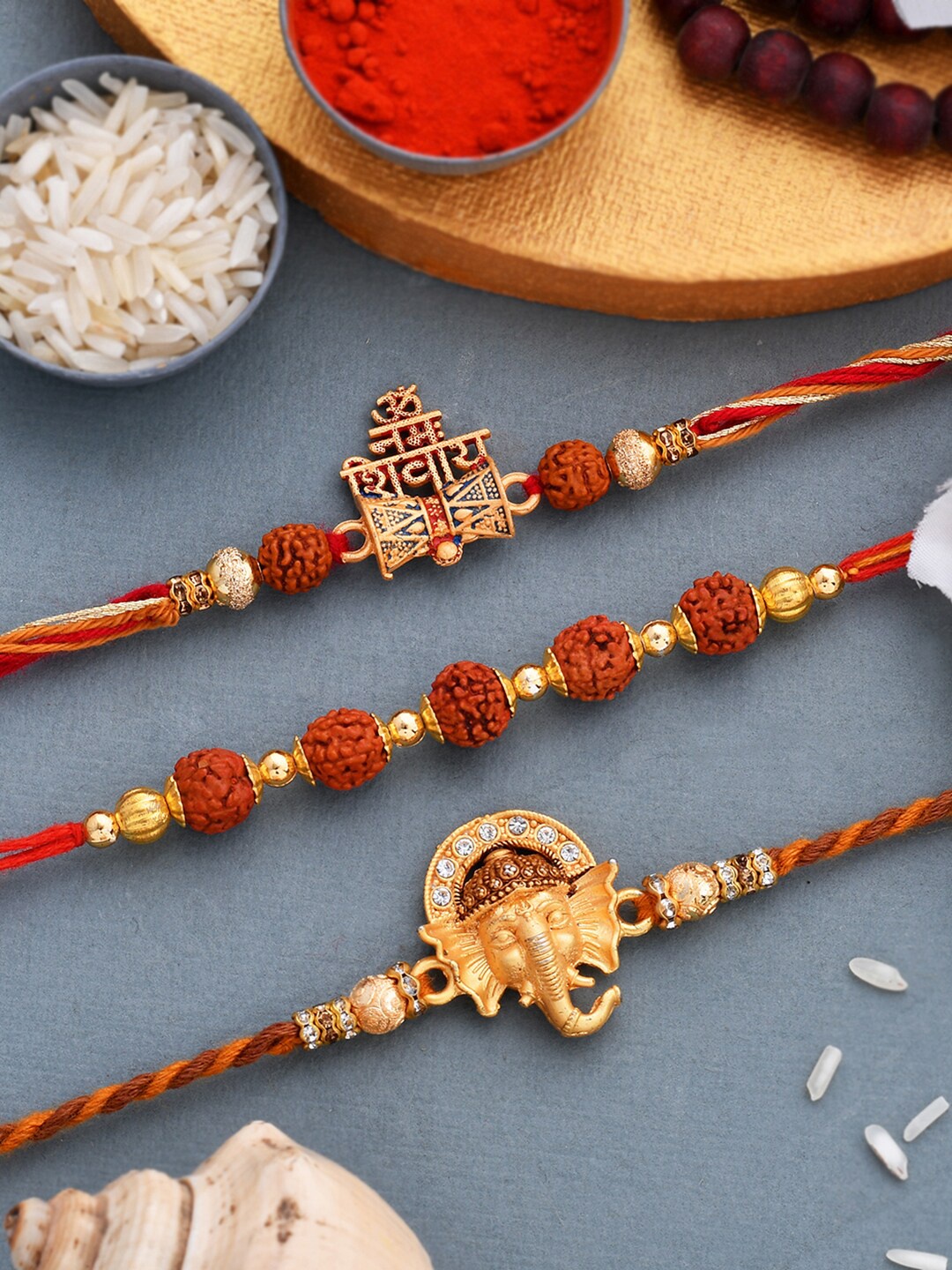 

Dare by Voylla Set of 3 Auspicious Rudraksha Studded Rakhis, Red