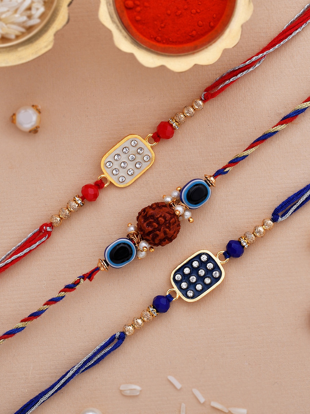 

Dare by Voylla Men Set Of 3 CZ-Studded & Beaded Rakhis, Red