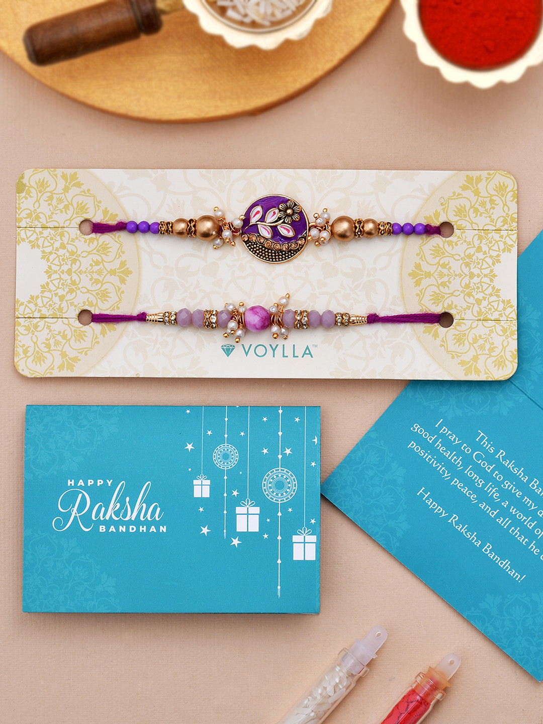 

Voylla Set of 2 Purple Pearl Beaded Floral Design Rakhi & Lumba