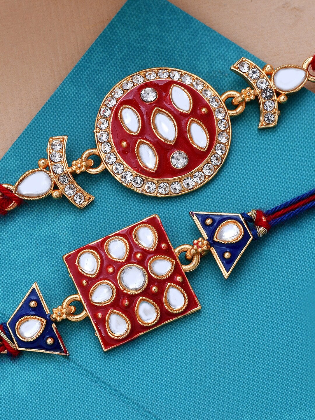 

Dare by Voylla Men Set Of 2 Red & White Kundan and Sparkling CZ Stone Studded Rakhi