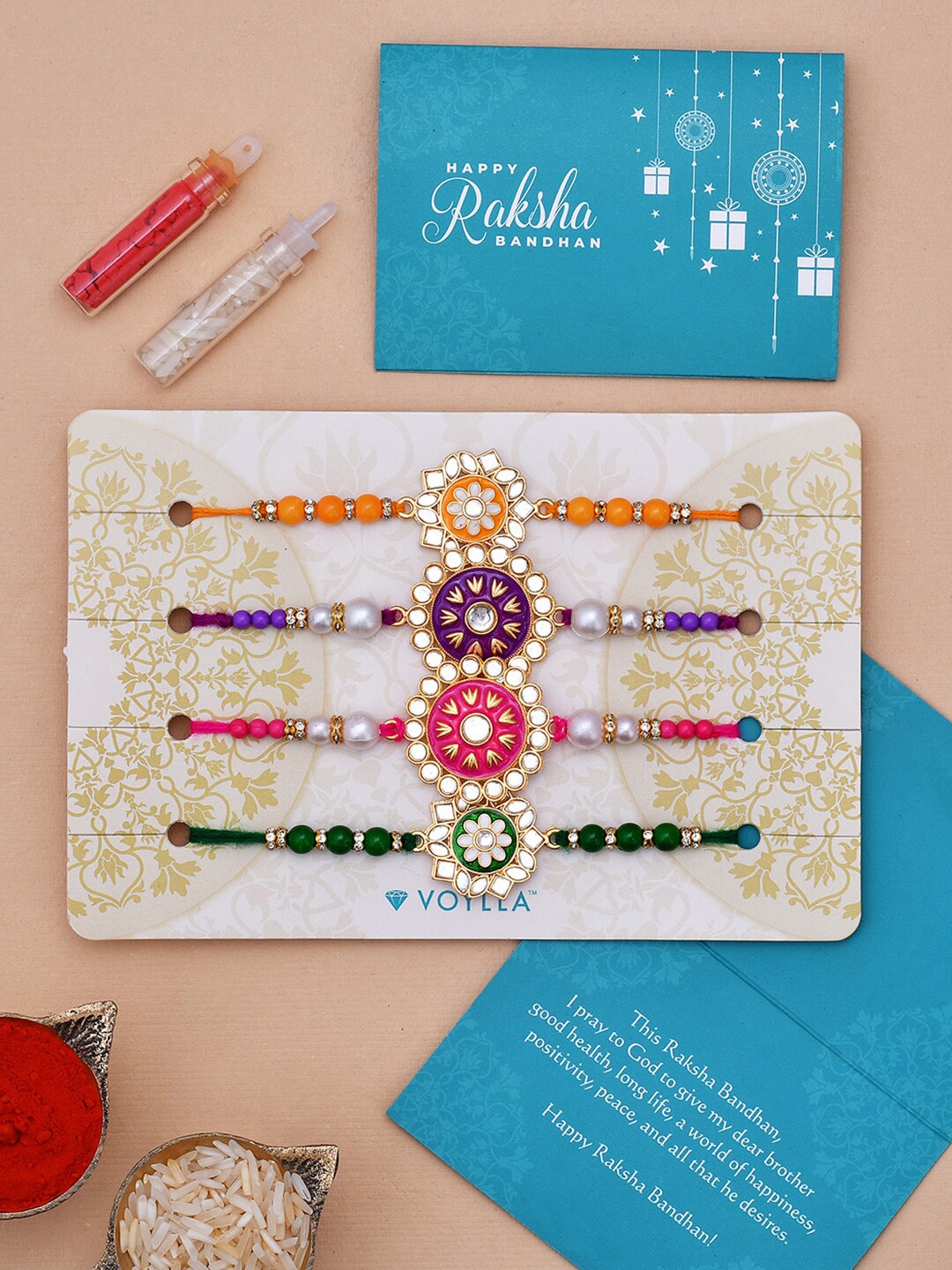 

Dare by Voylla Men Set Of 4 Kundan-Studded Meenakari Embellished Rakhis, Green