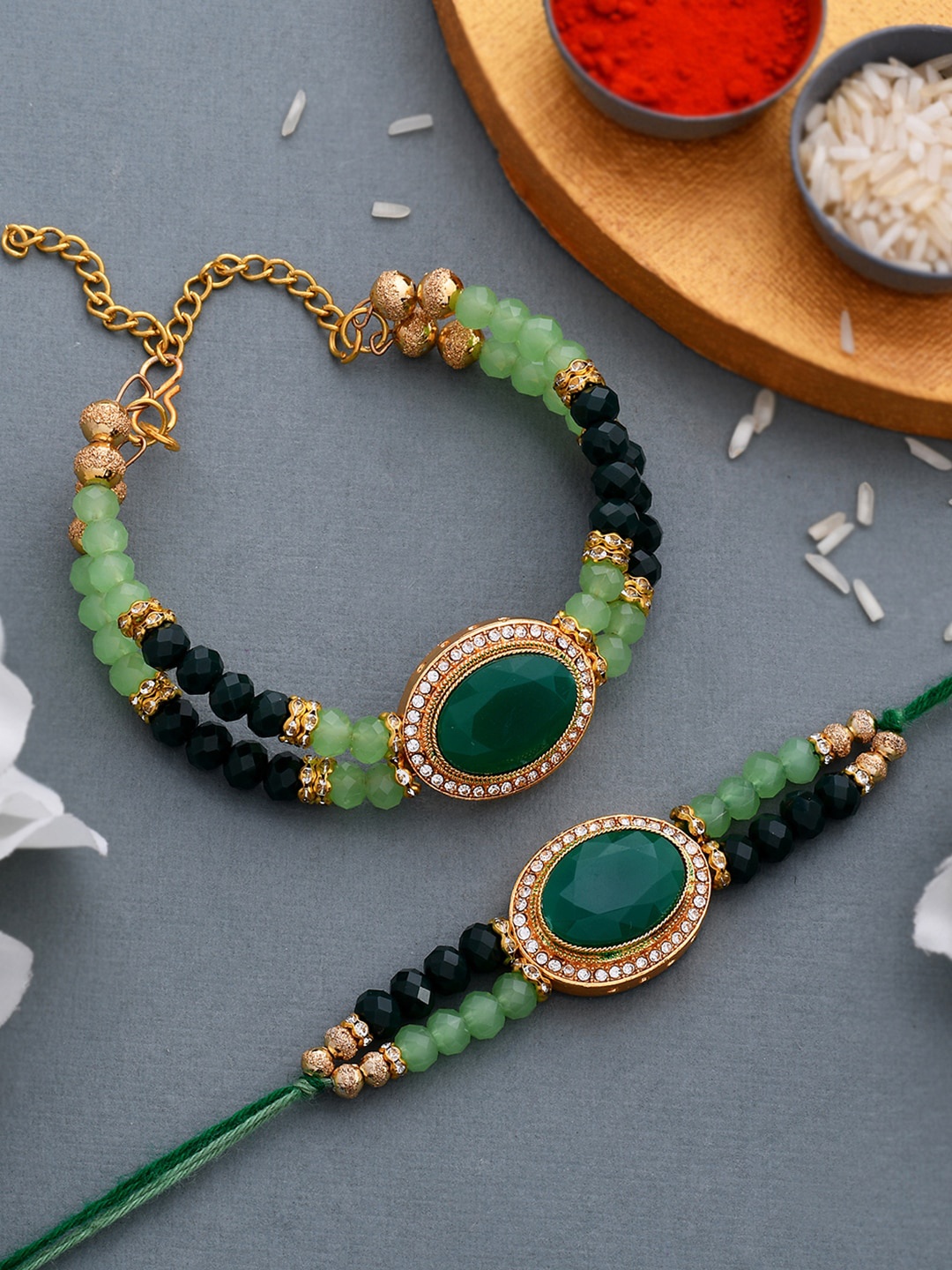 

Voylla Set of 2 Green Beads And CZ Embellished Bhaiya Bhabhi Rakhi, Multi