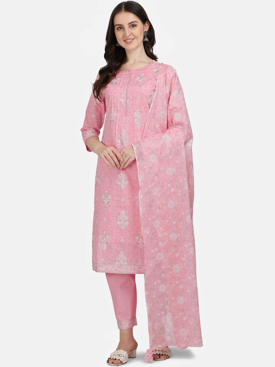 

Pure 9 Women Pink Floral Motifs Printed Pure Cotton Kurta with Trousers