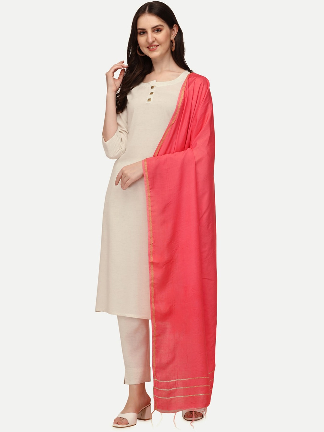 

Pure 9 Women Off White Kurta with Pyjamas & With Dupatta
