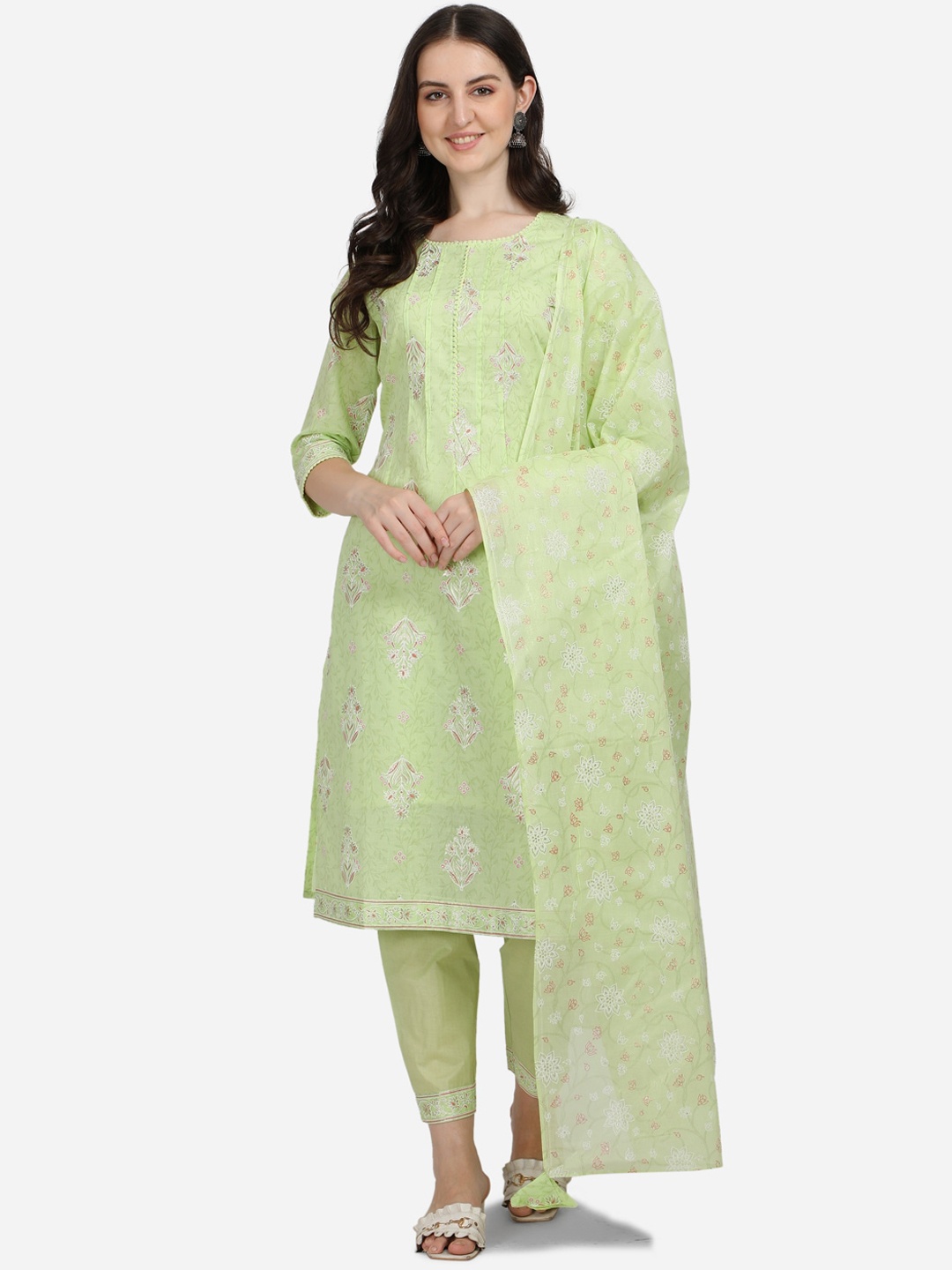 

Pure 9 Women Green Floral Printed Pure Cotton Kurta with Trousers & With Dupatta