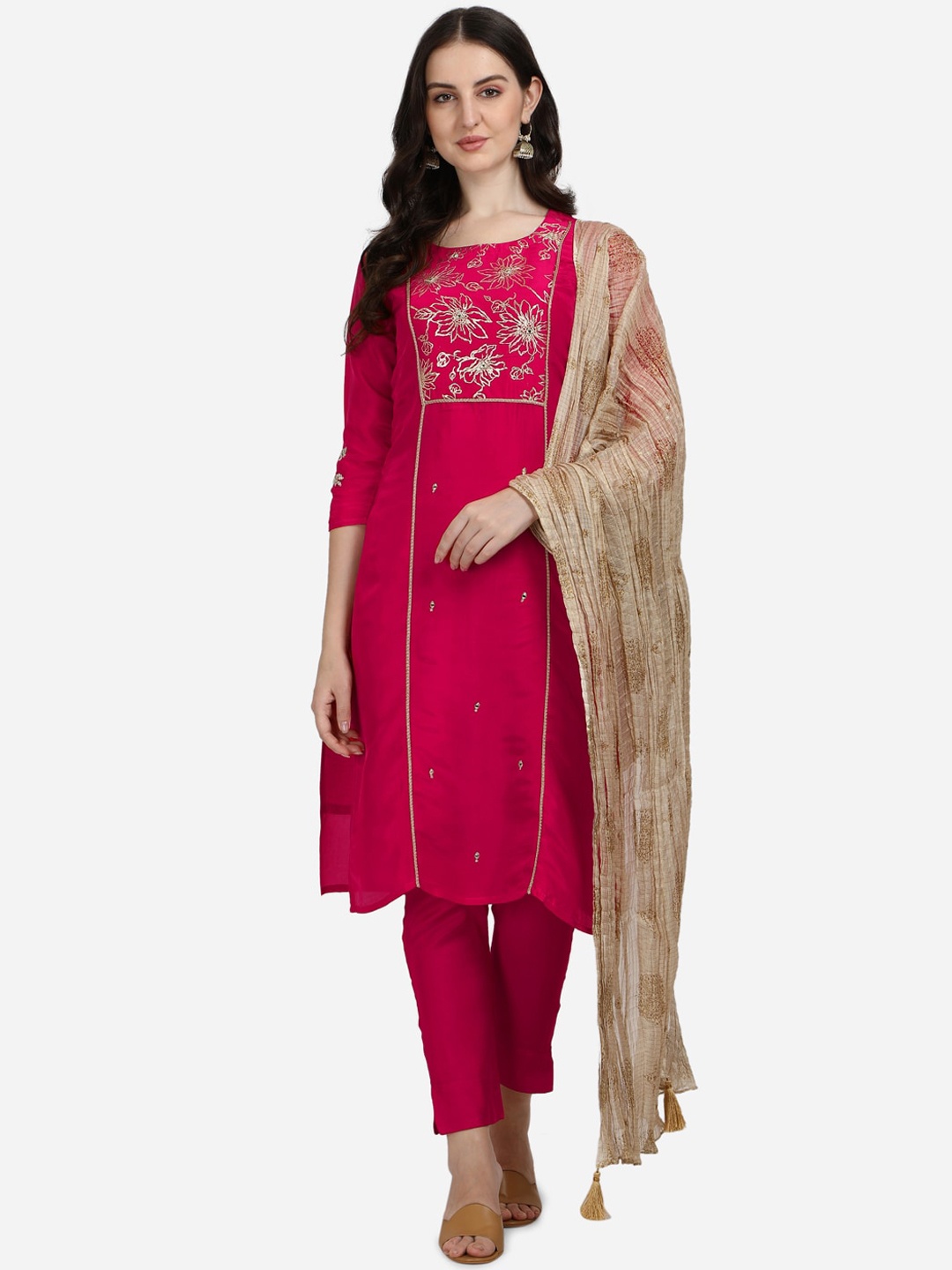 

Pure 9 Women Magenta Printed Kurta with Trousers & Dupatta