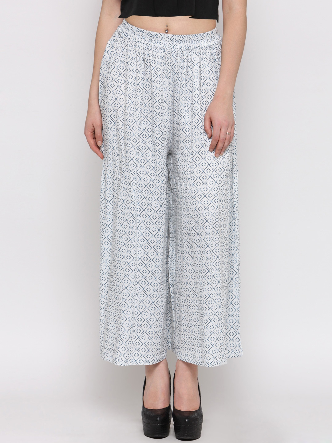 

Sera Women White & Blue Printed Flared Palazzos