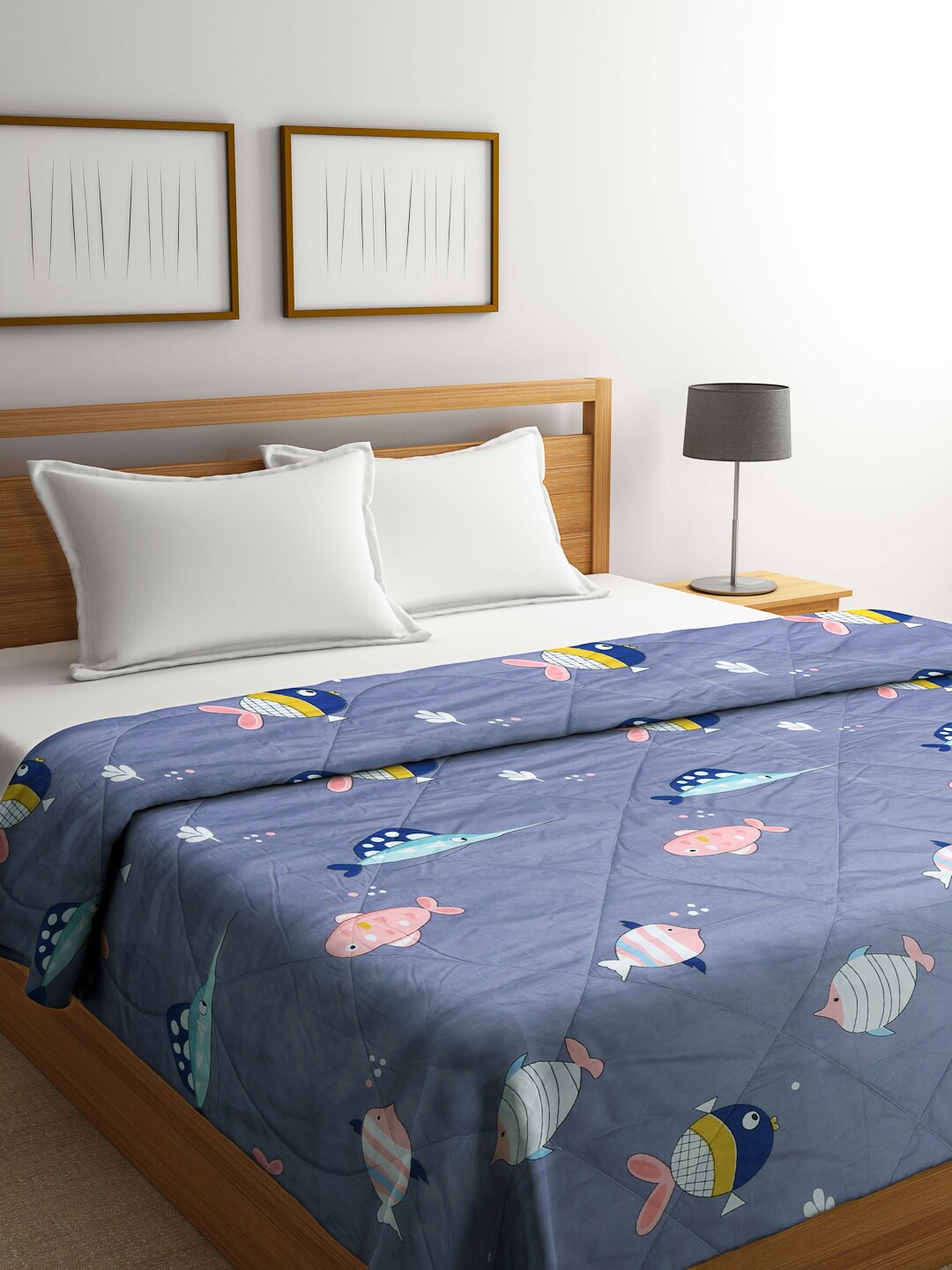 

KLOTTHE Kids Blue & White Cartoon Characters AC Room 350 GSM Double Bed Comforter