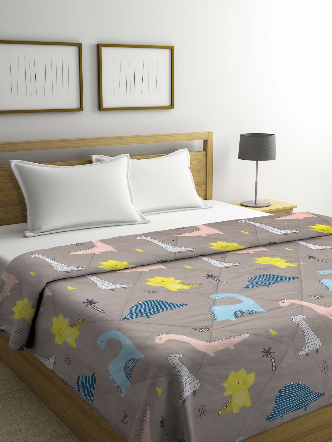 

KLOTTHE Kids Grey & Yellow Dinosaur Printed AC Room 350 GSM Double Bed Comforter