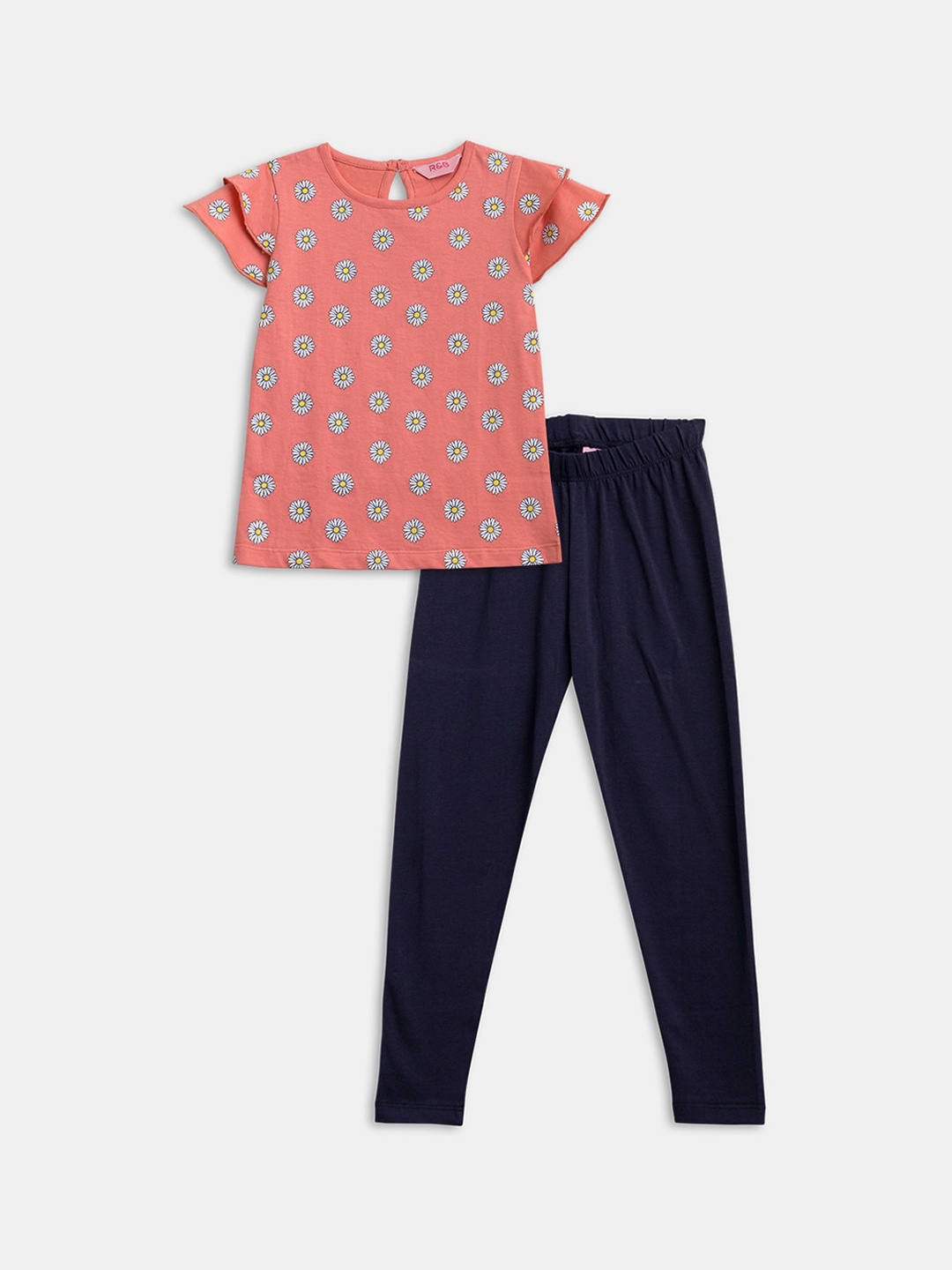 

R&B Girls Coral & Navy Blue Printed Cotton Top with Trousers