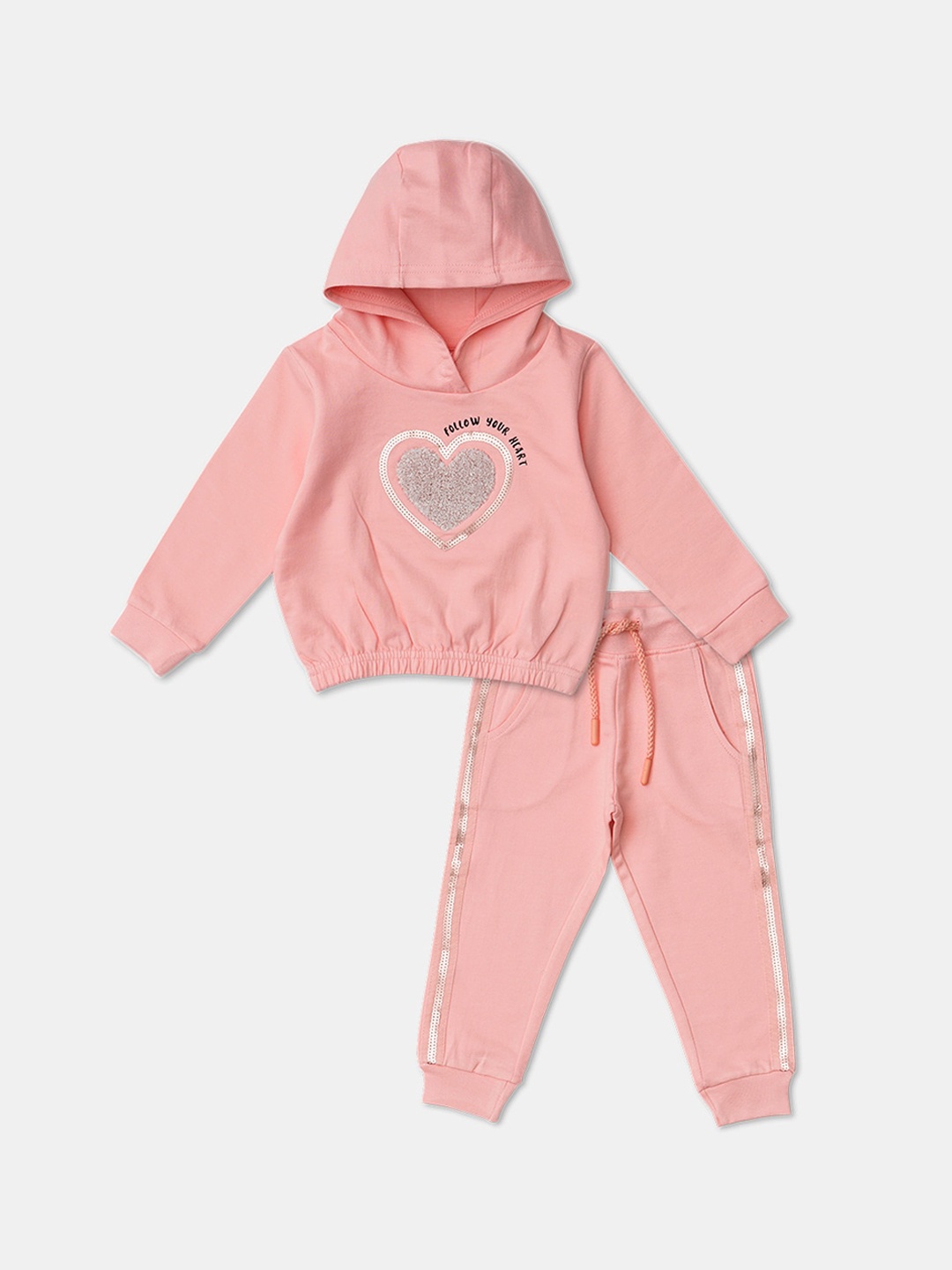 

R&B Girls Peach-Coloured & Silver-Toned Embellished T-shirt with Trousers