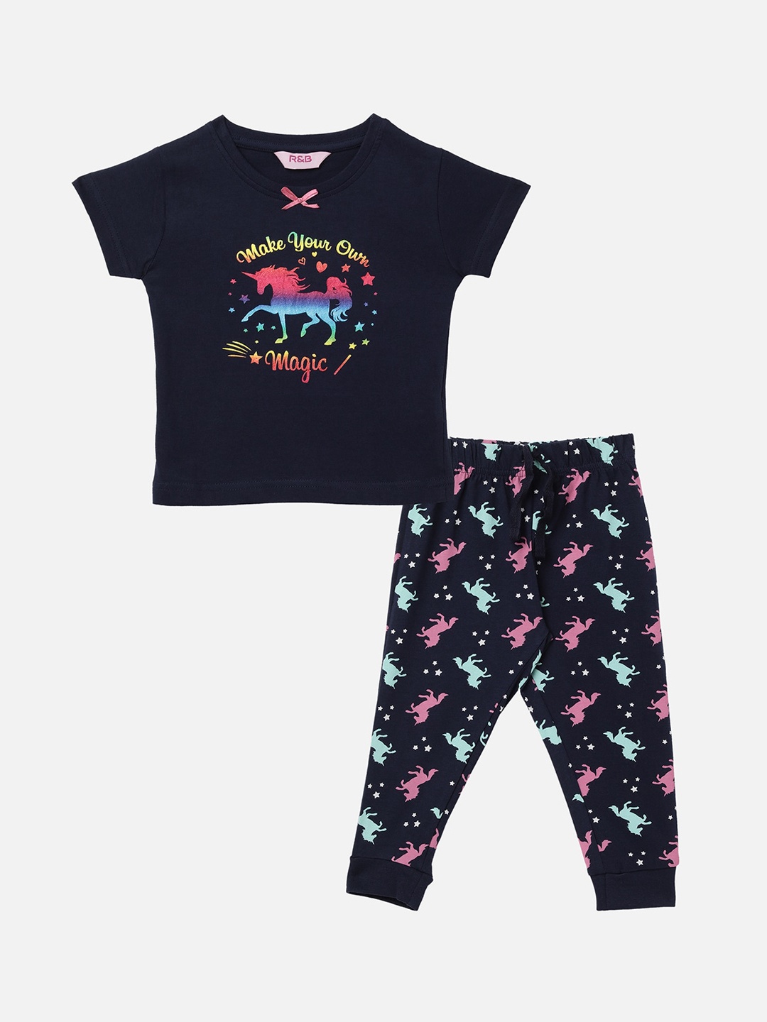 

R&B Girls Navy Blue Printed Pure Cotton T-shirt with Pyjamas