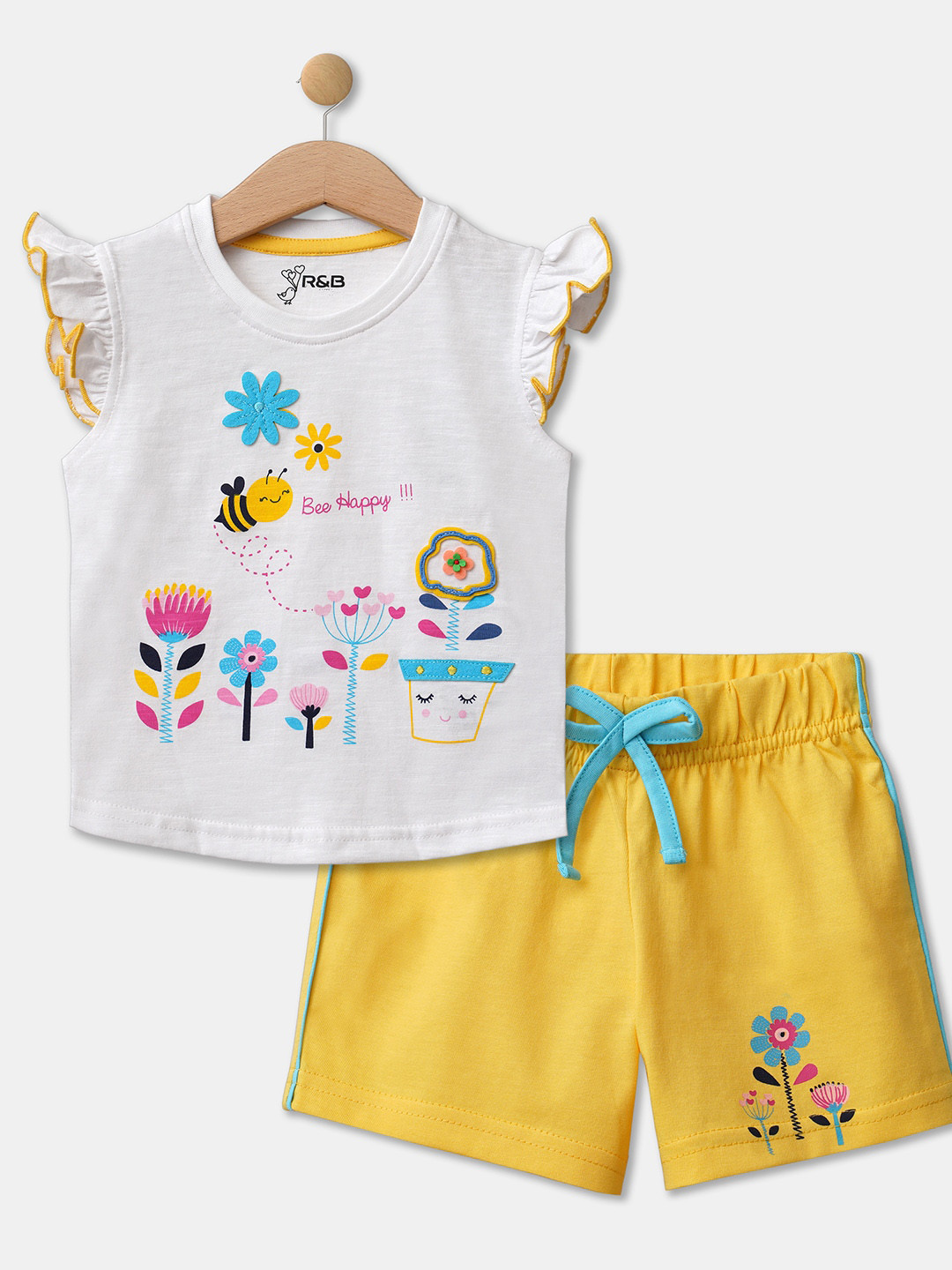 

R&B Girls White & Yellow Printed Pure Cotton T-shirt with Shorts