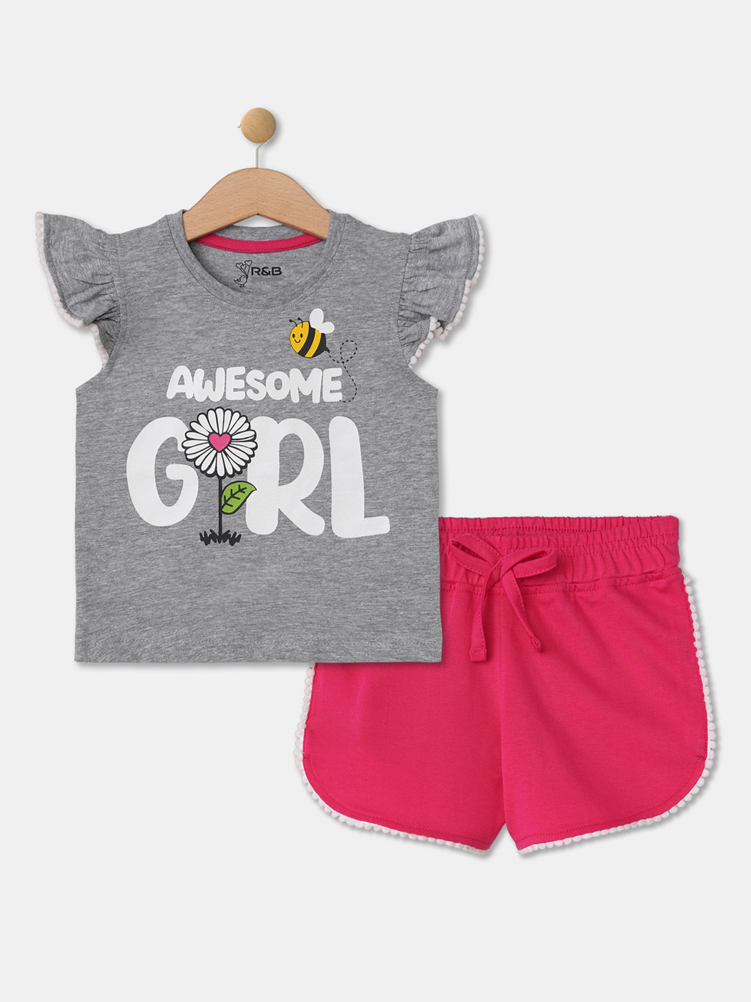 

R&B Girls Grey & Pink Printed Top with Shorts