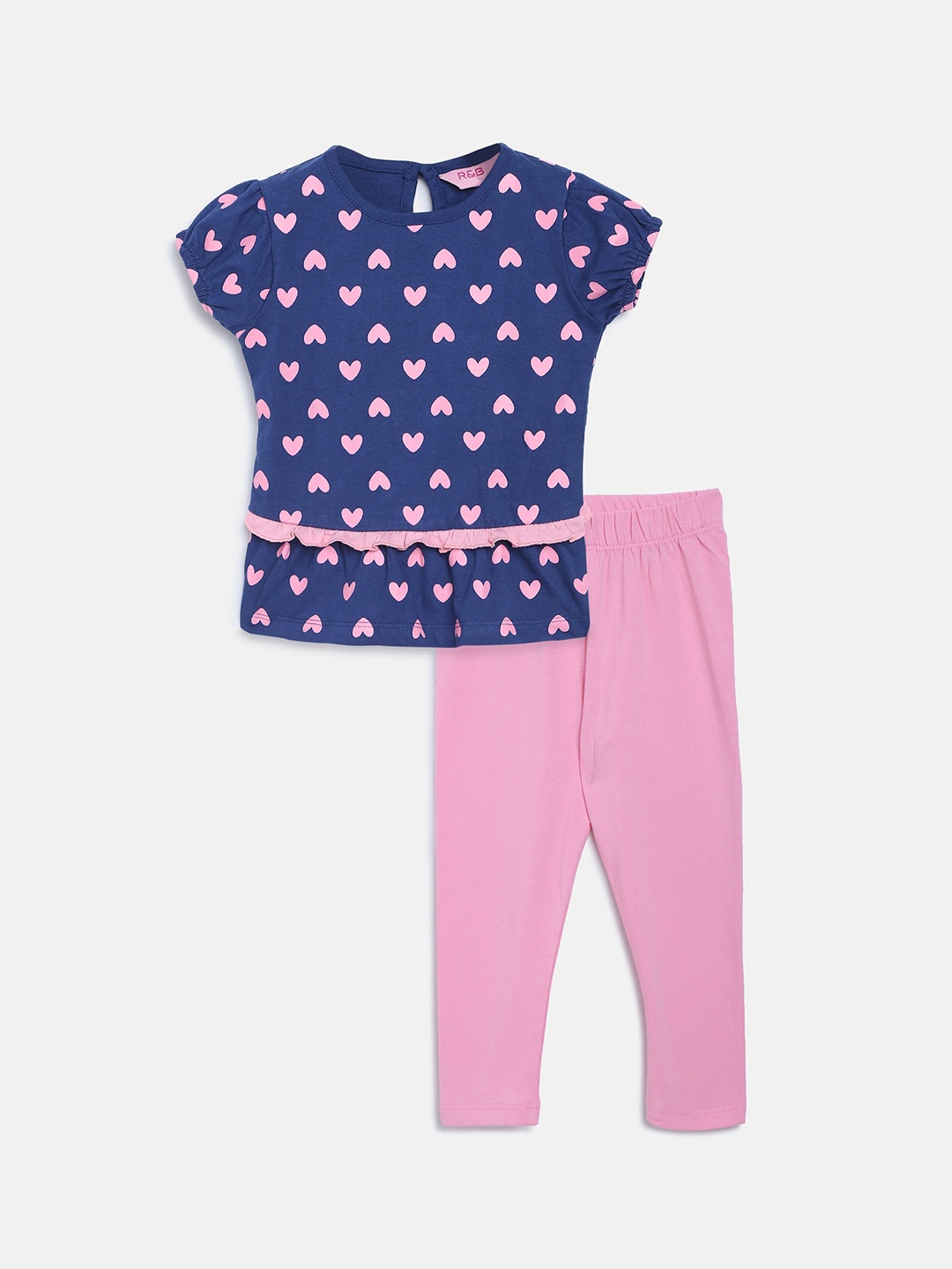 

R&B Girls Blue & Pink Printed Pure Cotton T-shirt with Leggings