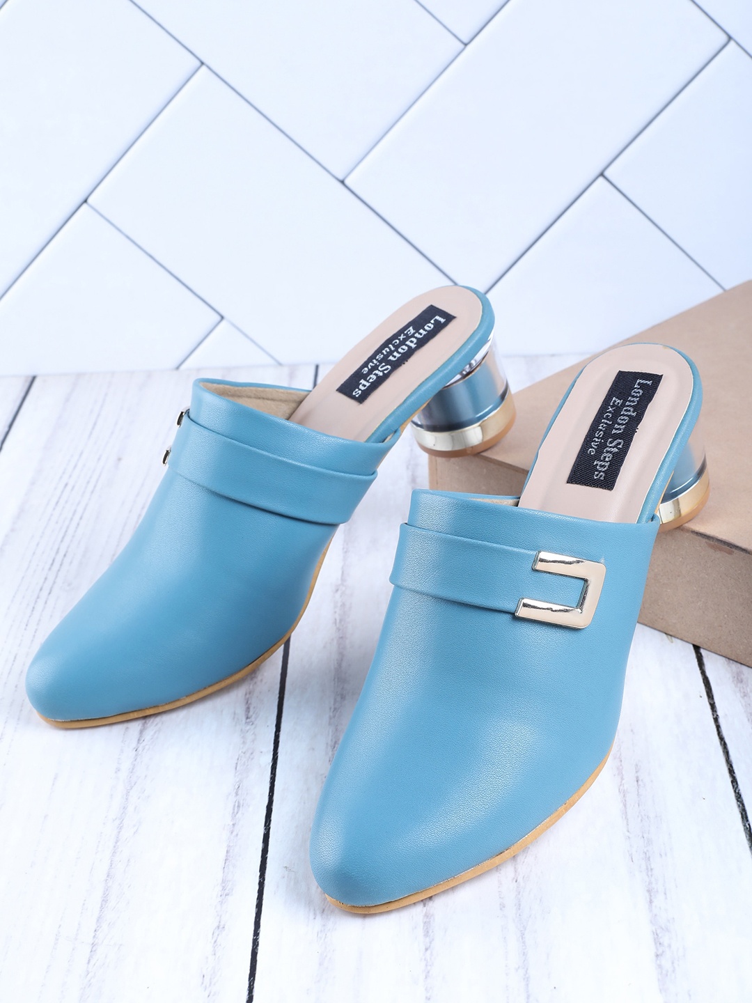 

LONDON STEPS Blue Embellished Block Pumps