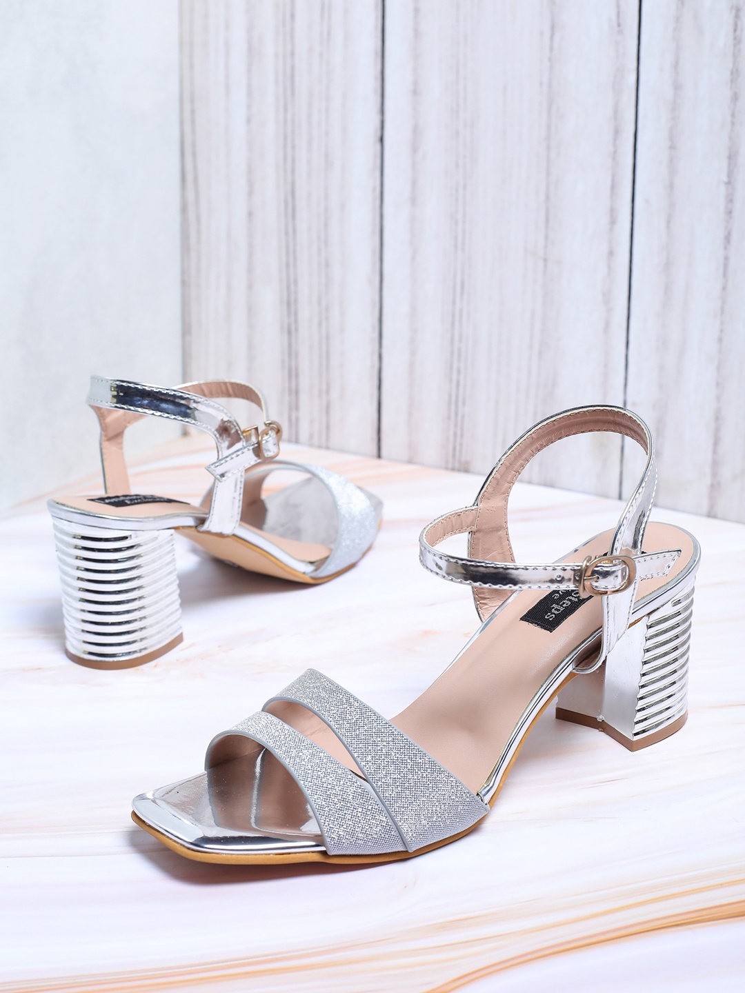 

LONDON STEPS Silver-Toned Embellished Party Block Heels