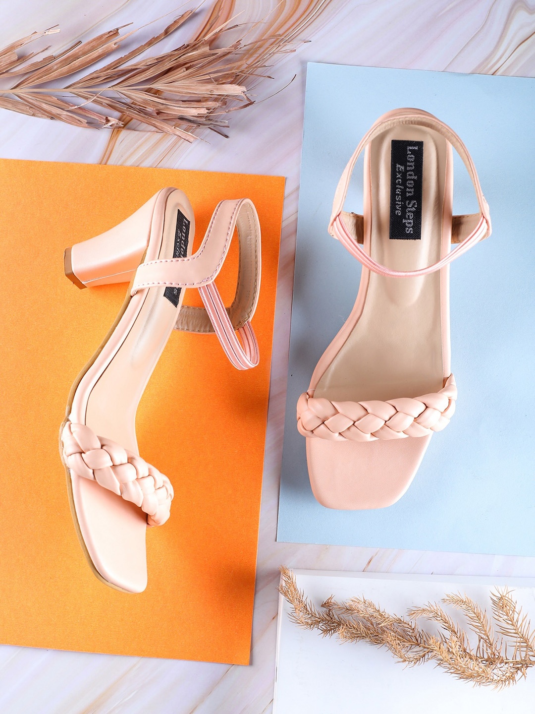 

LONDON STEPS Women Peach-Coloured Block Peep Toes with Laser Cuts Embellished Heels