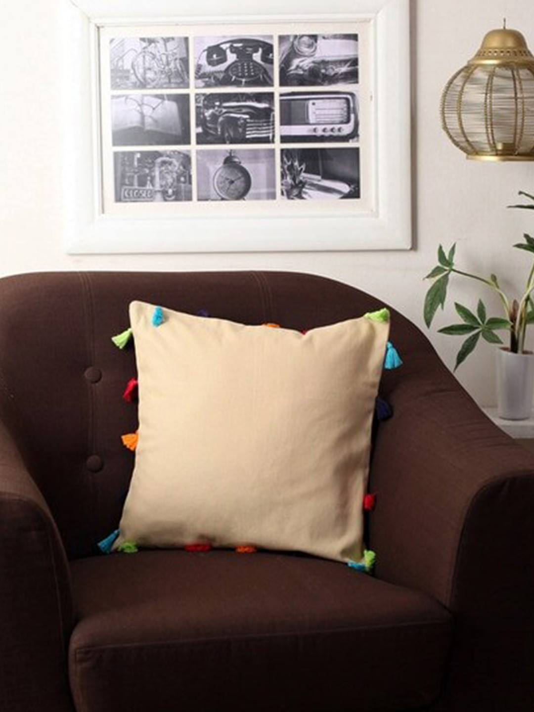 

Lushomes Set of 5 Beige Solid Pure Cotton Square Cushion Covers with Tassels