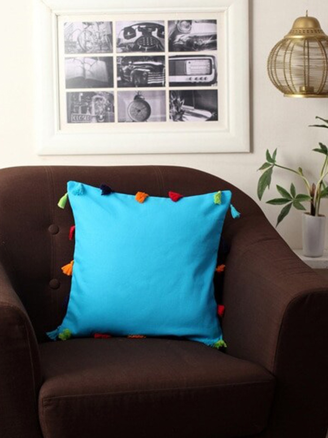 

Lushomes Set of 5 Turquoise Blue Solid Pure Cotton Square Cushion Covers with Tassels