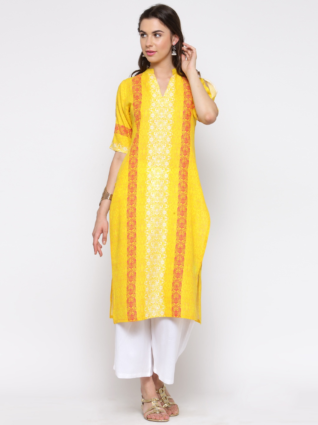 

Sera Women Yellow & White Printed Kurta with Palazzos
