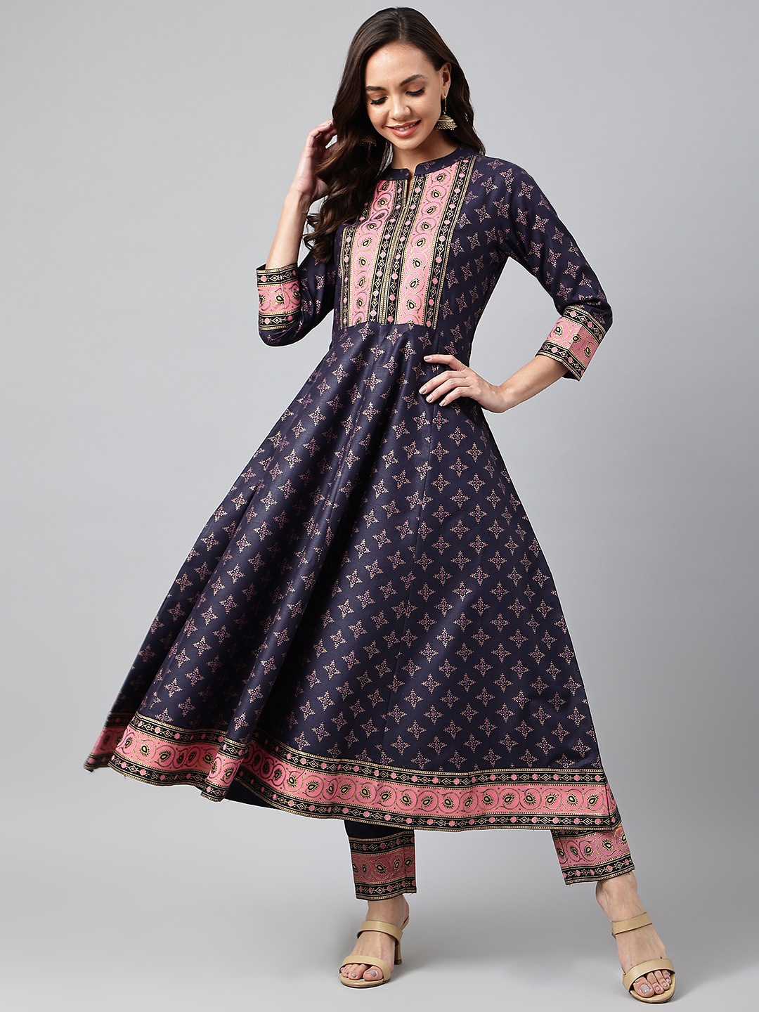 

KALINI Women Navy Blue Ethnic Motifs Printed Empire Kurta with Trousers