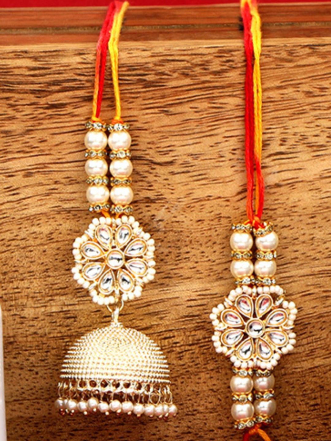

Accessher Set of 2 Bhaiya Bhabhi Kundan Rakhi & Greeting Card for Rakshabandhan & Gifting, Gold