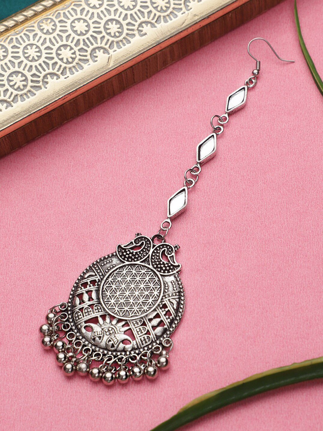 

KACY Silver-Plated Silver Mirror Studded Maang Tikka