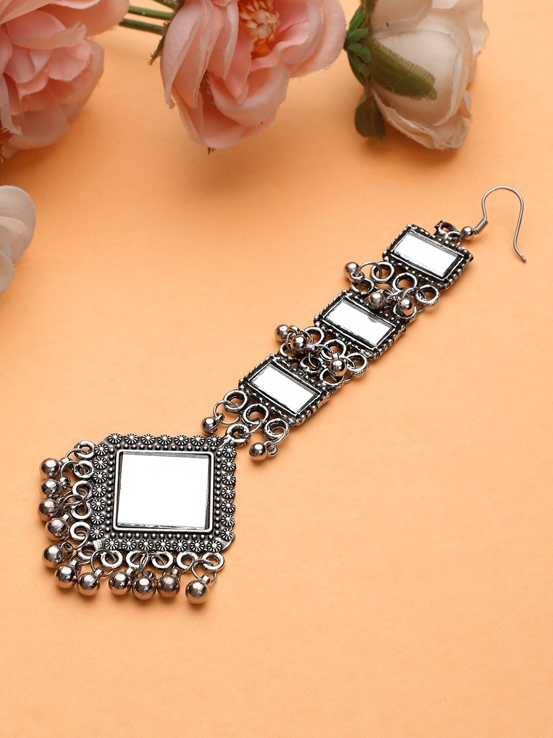 

KACY Silver-Toned & Plated Mirror Work Maang Tikka