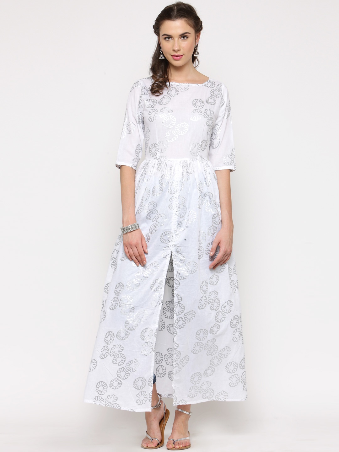 

Sera Women White & Silver-Toned Printed Anarkali Kurta