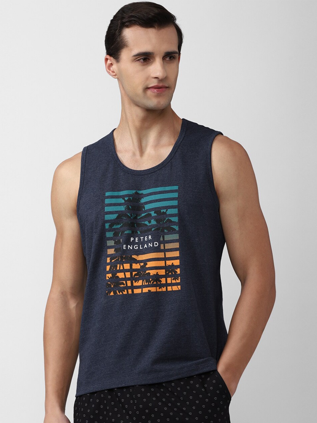 

Peter England Men Navy Blue Sleeveless Pure Cotton Brand Logo Printed T-shirt