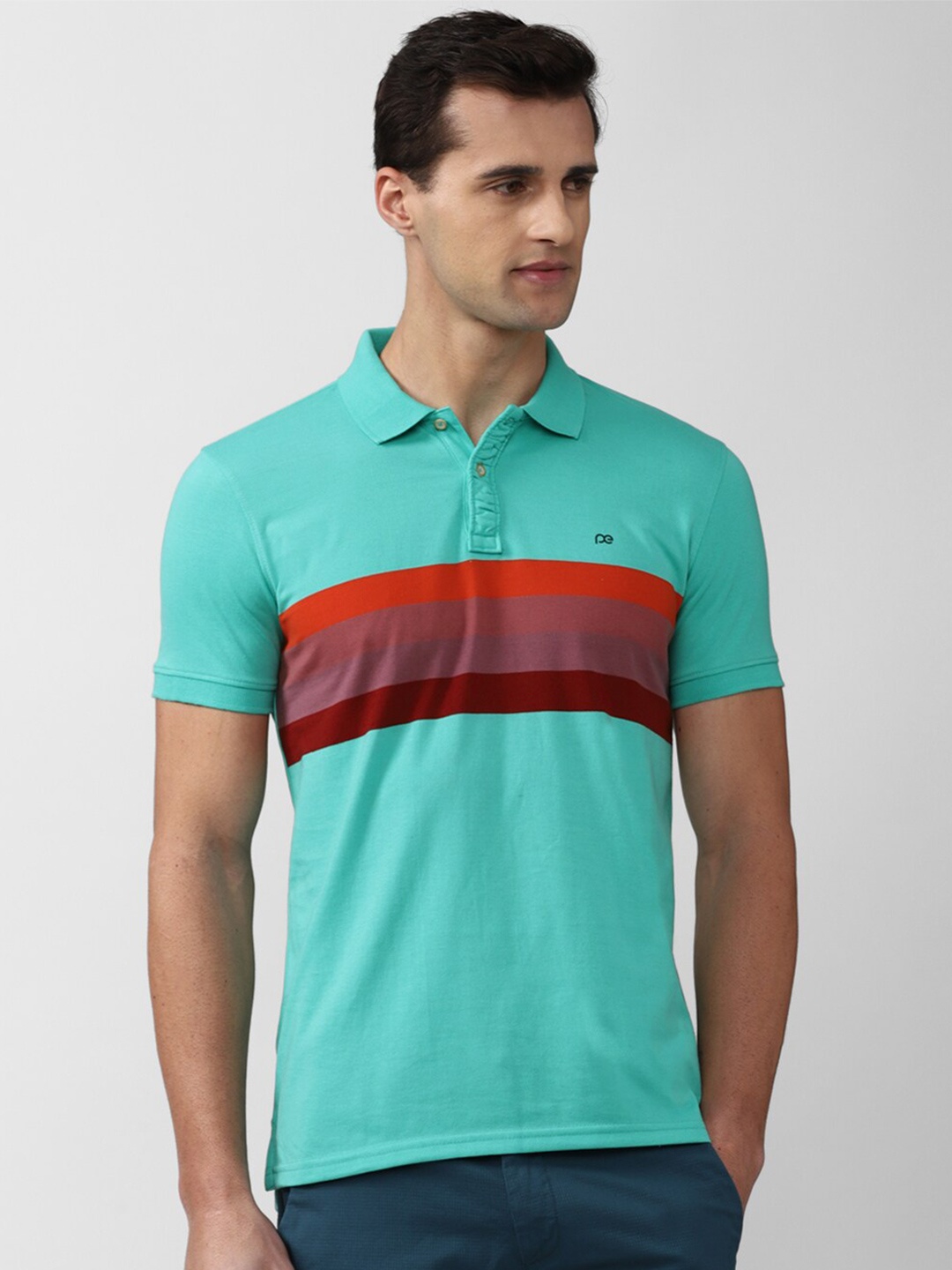 

Peter England Casuals Men Blue Colourblocked Polo Collar Slim Fit T-shirt
