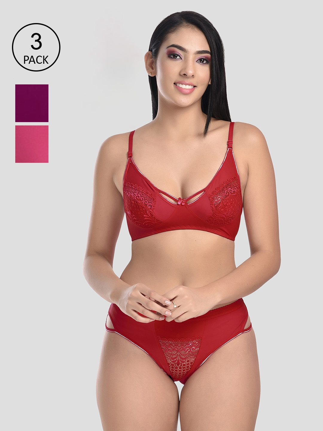 

StyFun Women Pack Of 3 Lingerie SetS_Kareena_Set_3_PinkMaroonWine_B, Pink