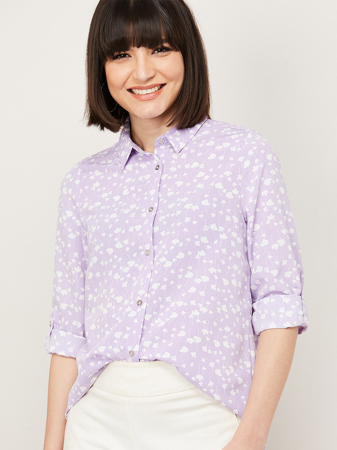 

Fame Forever by Lifestyle Purple Floral Print Roll-Up Sleeves Shirt Style Top