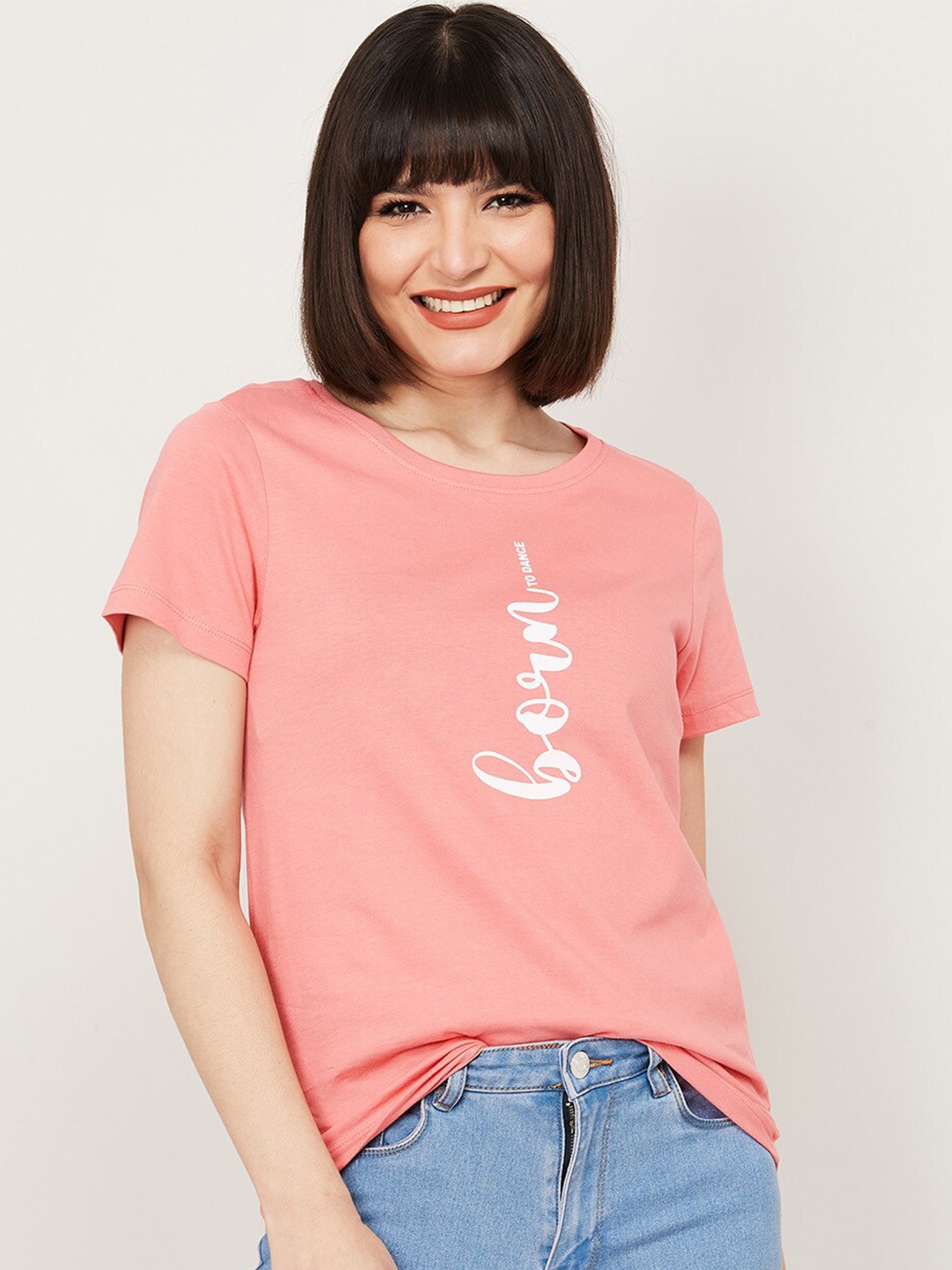 

Fame Forever by Lifestyle Women Coral & White Typography Cotton T-shirt