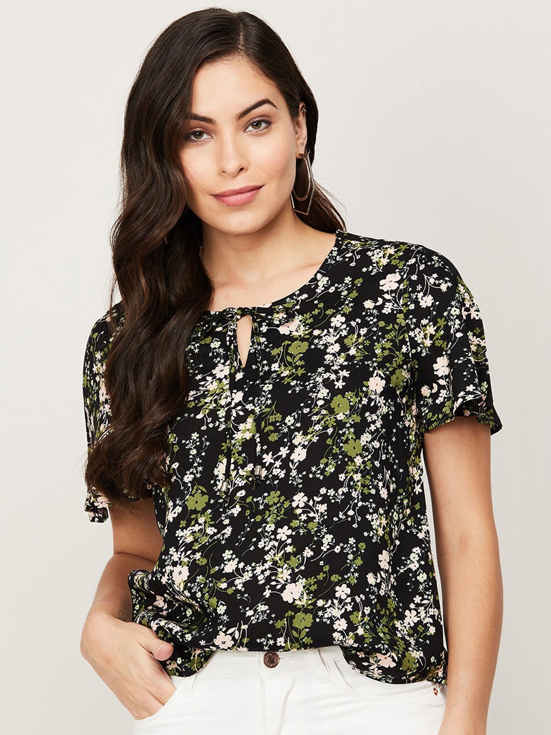 

Fame Forever by Lifestyle Black Floral Print Tie-Up Neck Top