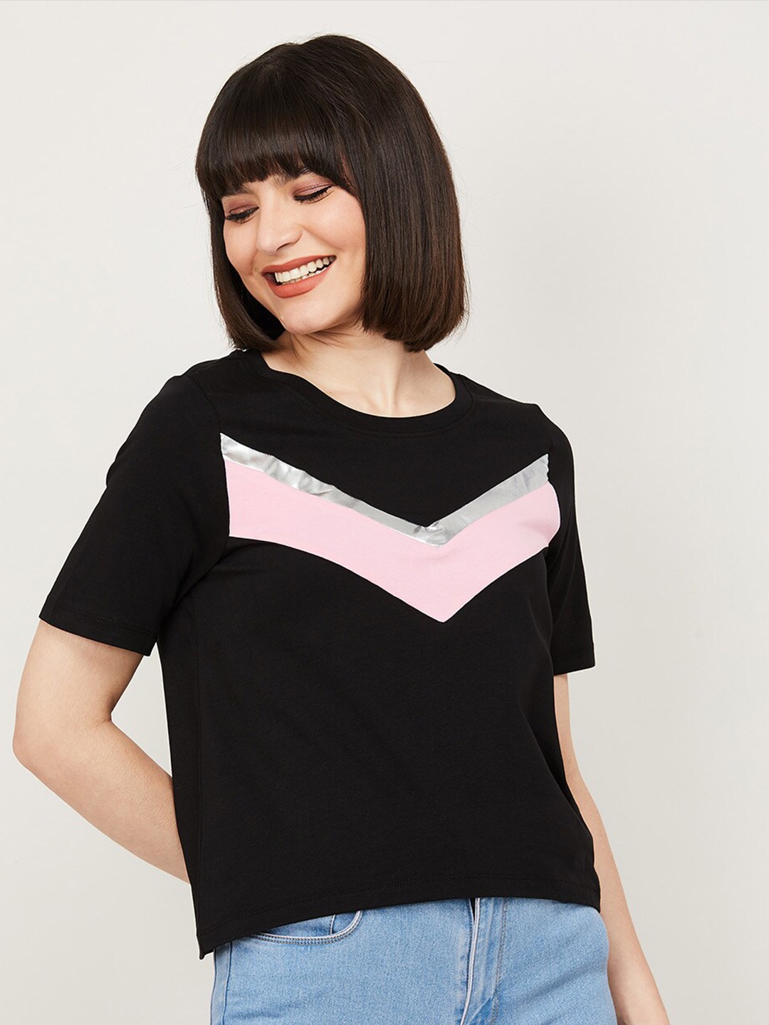 

Fame Forever by Lifestyle Women Black & Pink Geometric Print Pure Cotton Top
