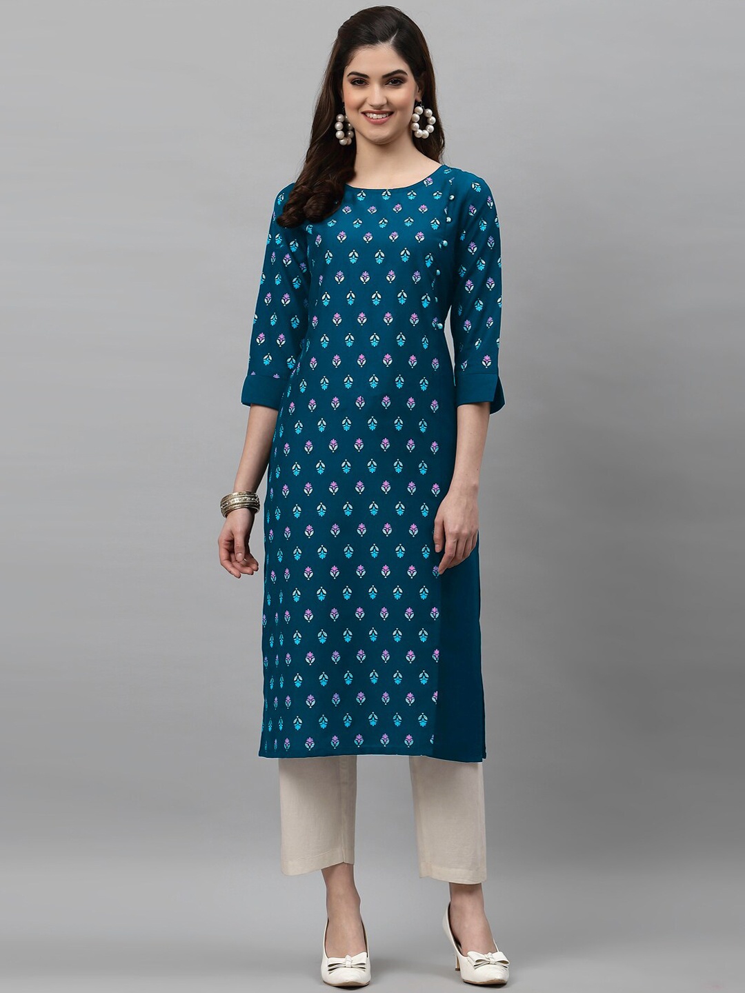 

KALINI Women Teal Blue Floral Printed Kurta