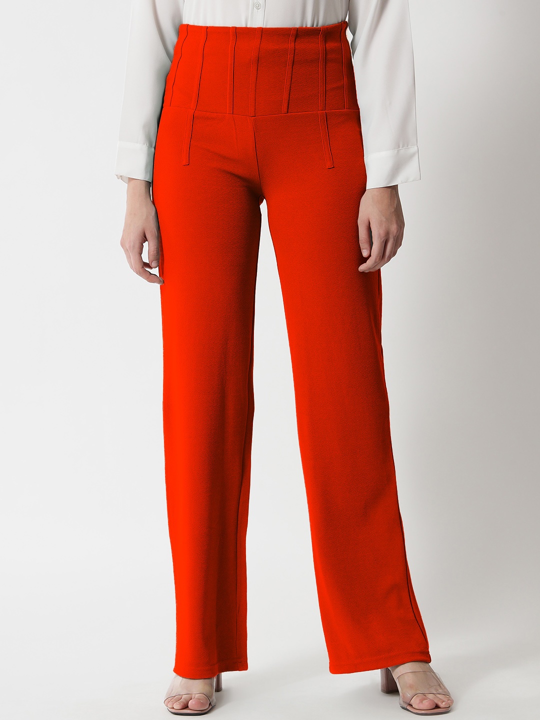 

Kotty Women Orange Relaxed Straight Fit High-Rise Easy Wash Pleated Trousers