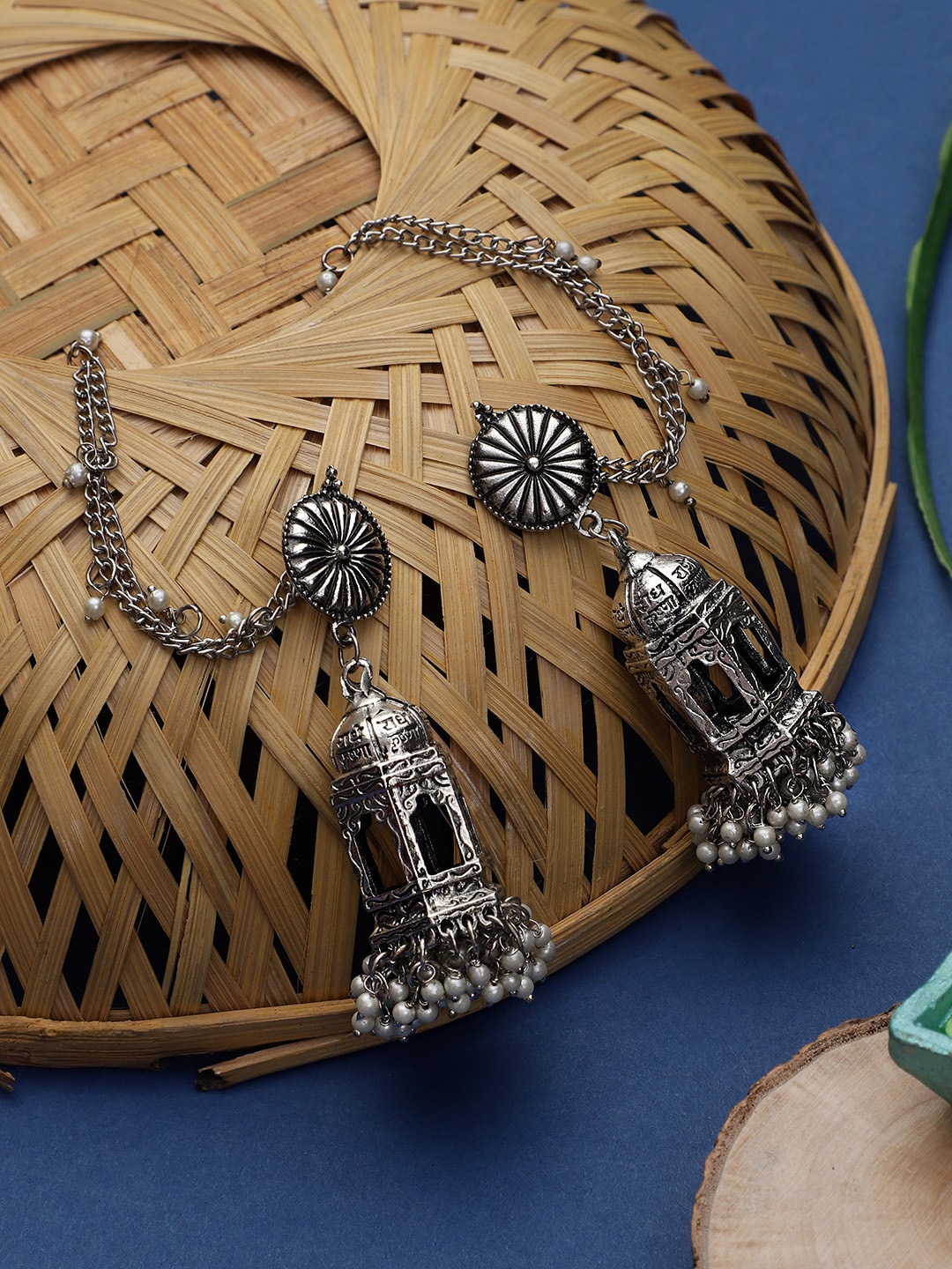 

KACY Silver-Toned Geometric Jhumkas Earrings