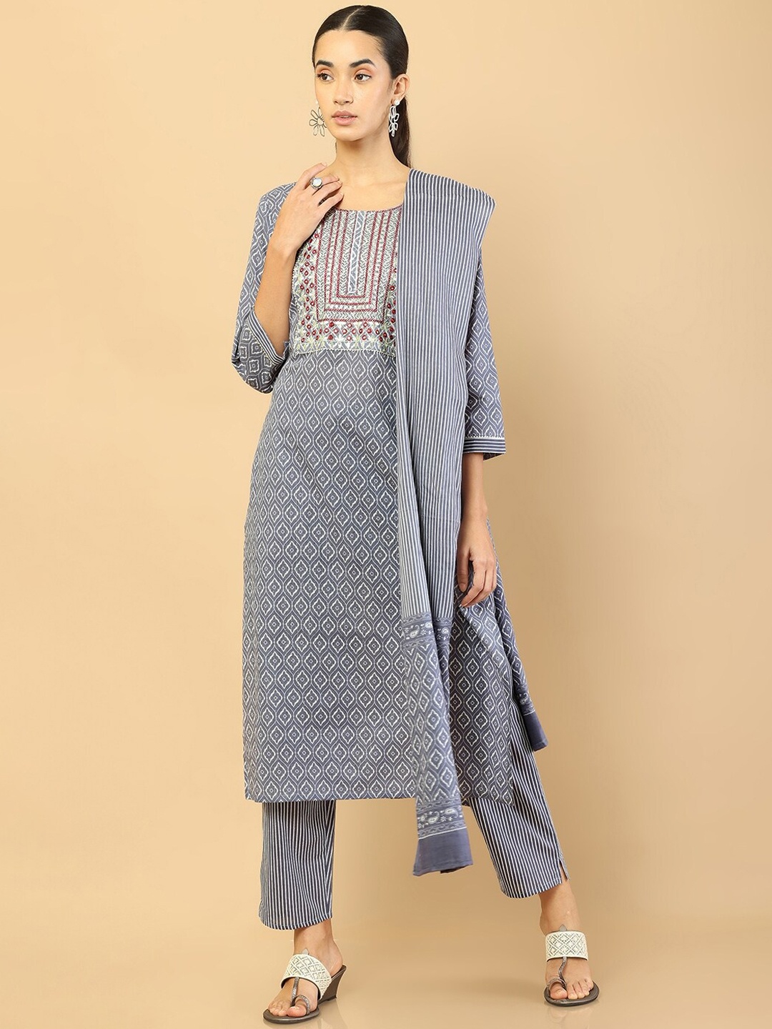 

Soch Women Grey Floral Embroidered Thread Work Pure Cotton Kurta with Trousers & With Dupatta