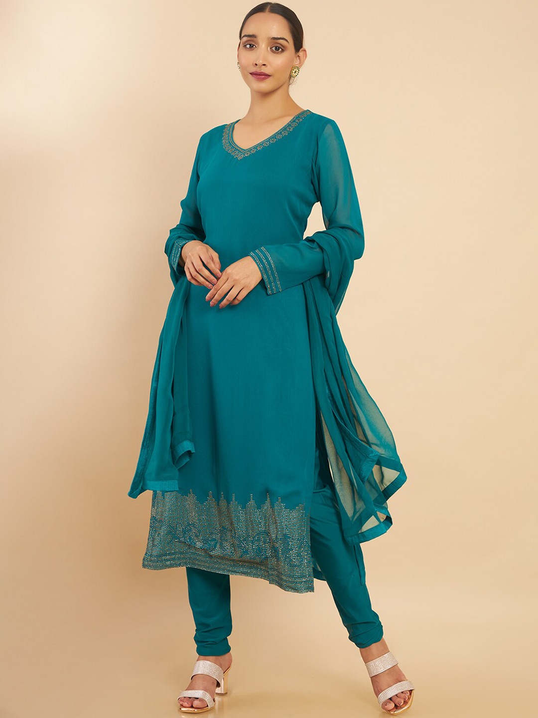 

Soch Women Teal Solid V-Neck Kurta with Churidar & With Dupatta