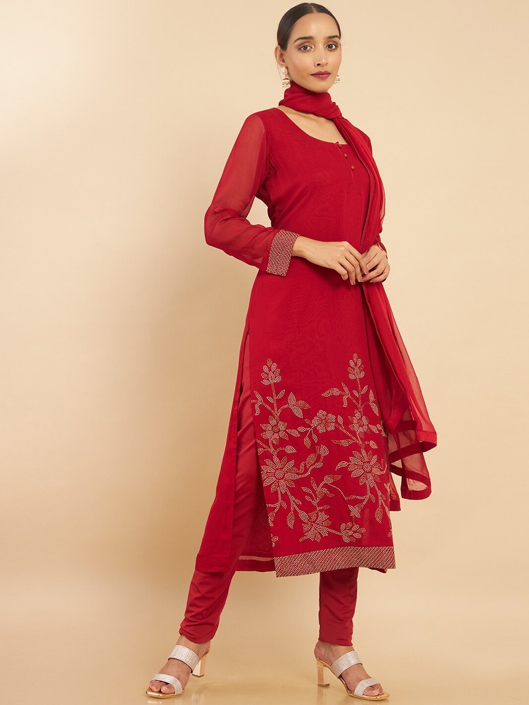 

Soch Women Red Floral Embroidered Beads and Stones Kurti with Churidar & With Dupatta