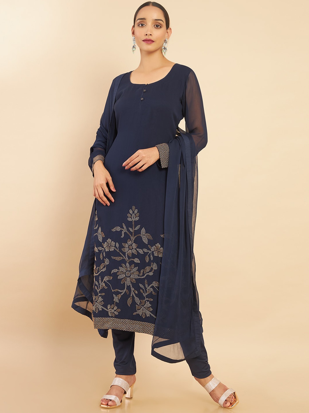 

Soch Women Navy Blue Round Neck Kurta with Churidar & With Dupatta
