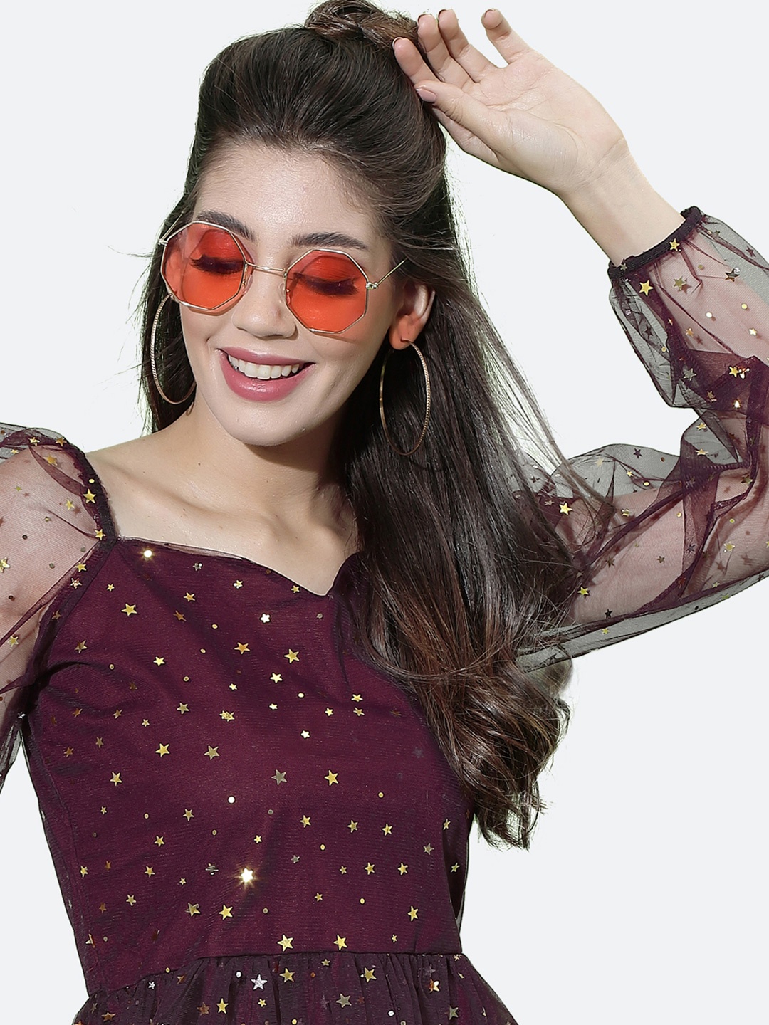 

Selvia Maroon Floral Net A-Line Dress
