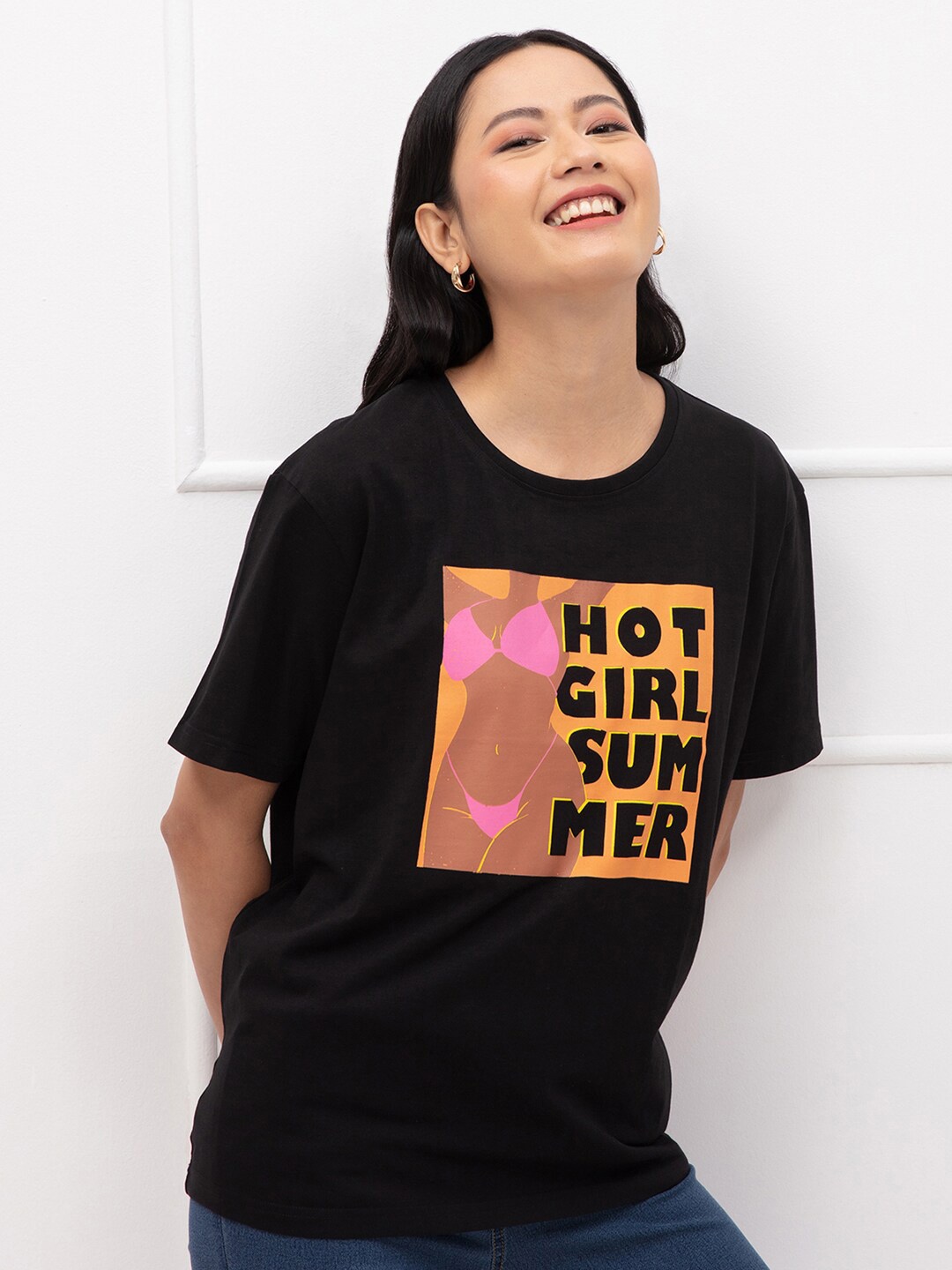 

20Dresses Women Black Typography Printed Oversized T-shirt