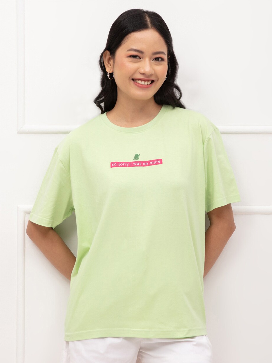 

20Dresses Women Lime Green Typography Printed Drop-Shoulder Sleeves Oversized T-shirt